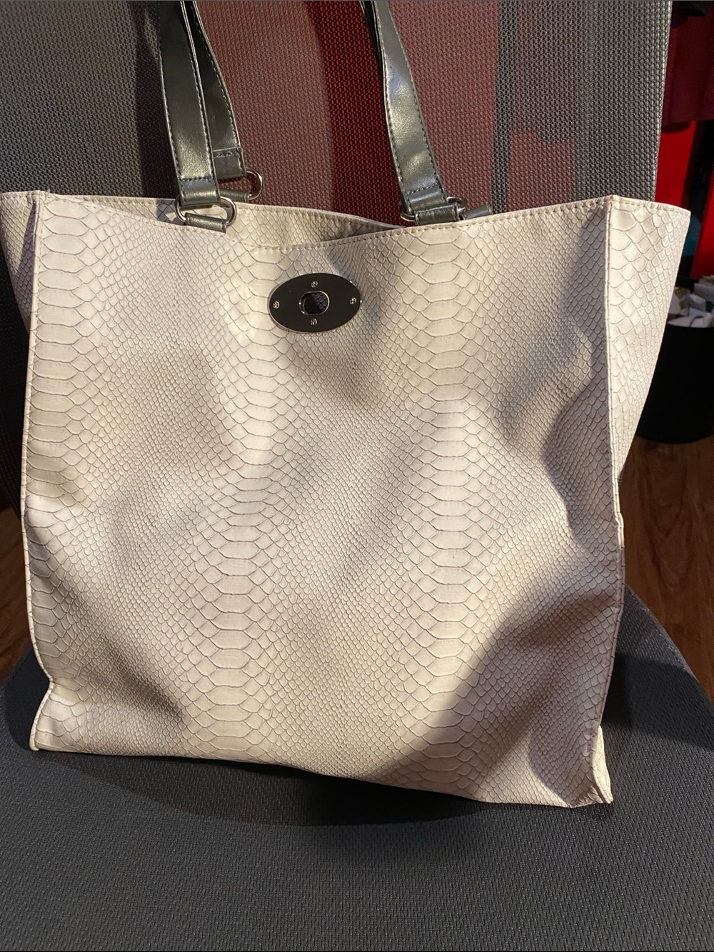 Beautiful Python-Embossed Tote Bag in White, Gray Straps and  Silver Tone Lock